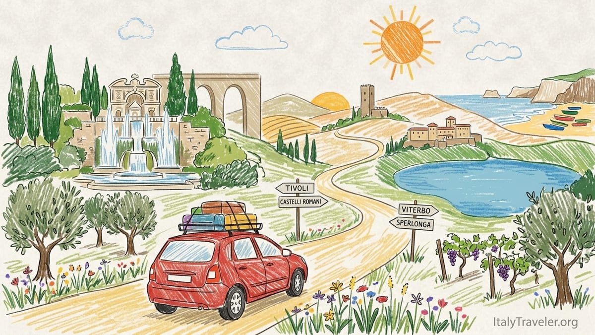 Small rental car parked on a Lazio country road overlooking hills, lake and a distant hill town at golden hour.