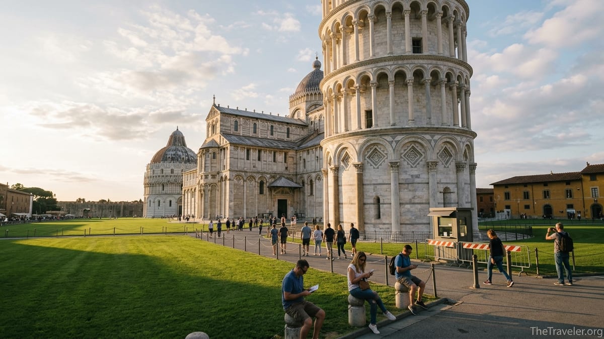 Travelers entering the Leaning Tower of Pisa at golden hour in Piazza dei Miracoli.