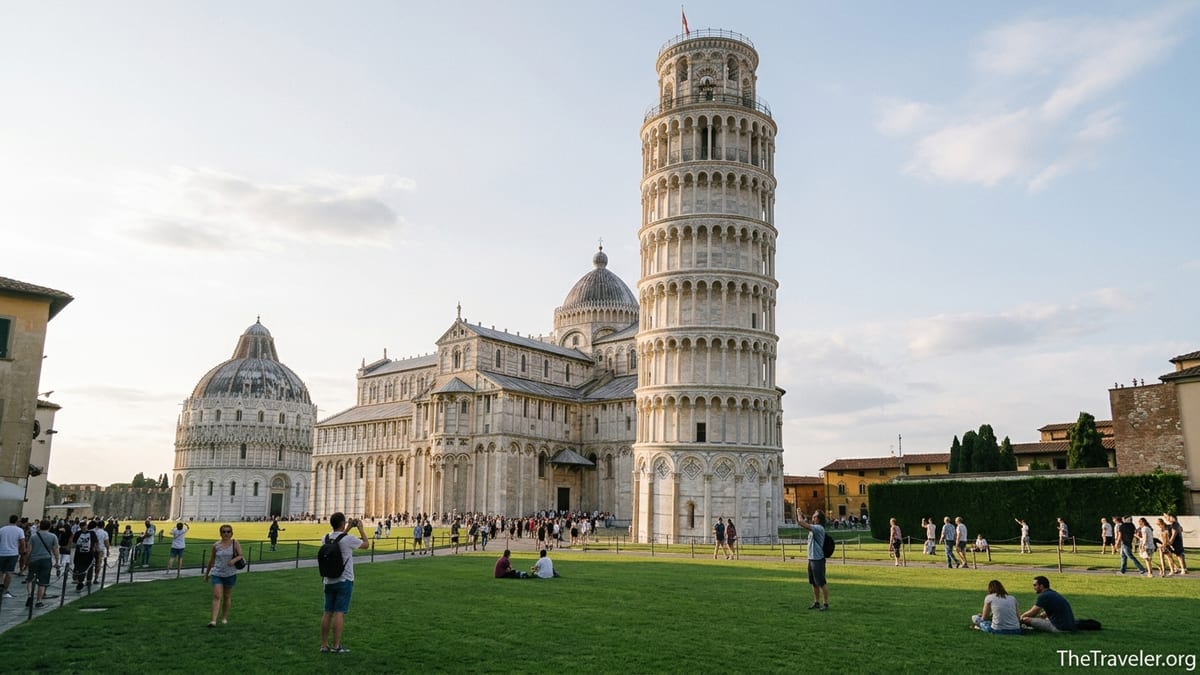 Leaning Tower of Pisa and cathedral in late afternoon light with visitors on the lawn.