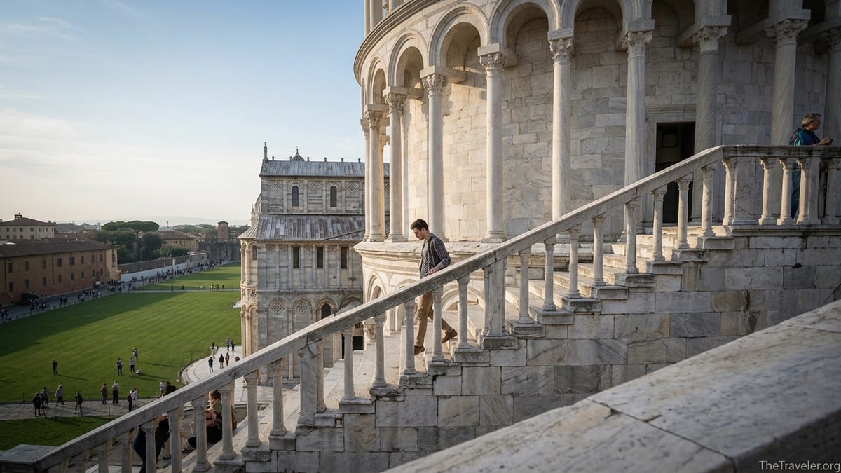 Traveler walking along the sloped top balcony of the Leaning Tower of Pisa at sunset, overlooking Piazza dei Miracoli.