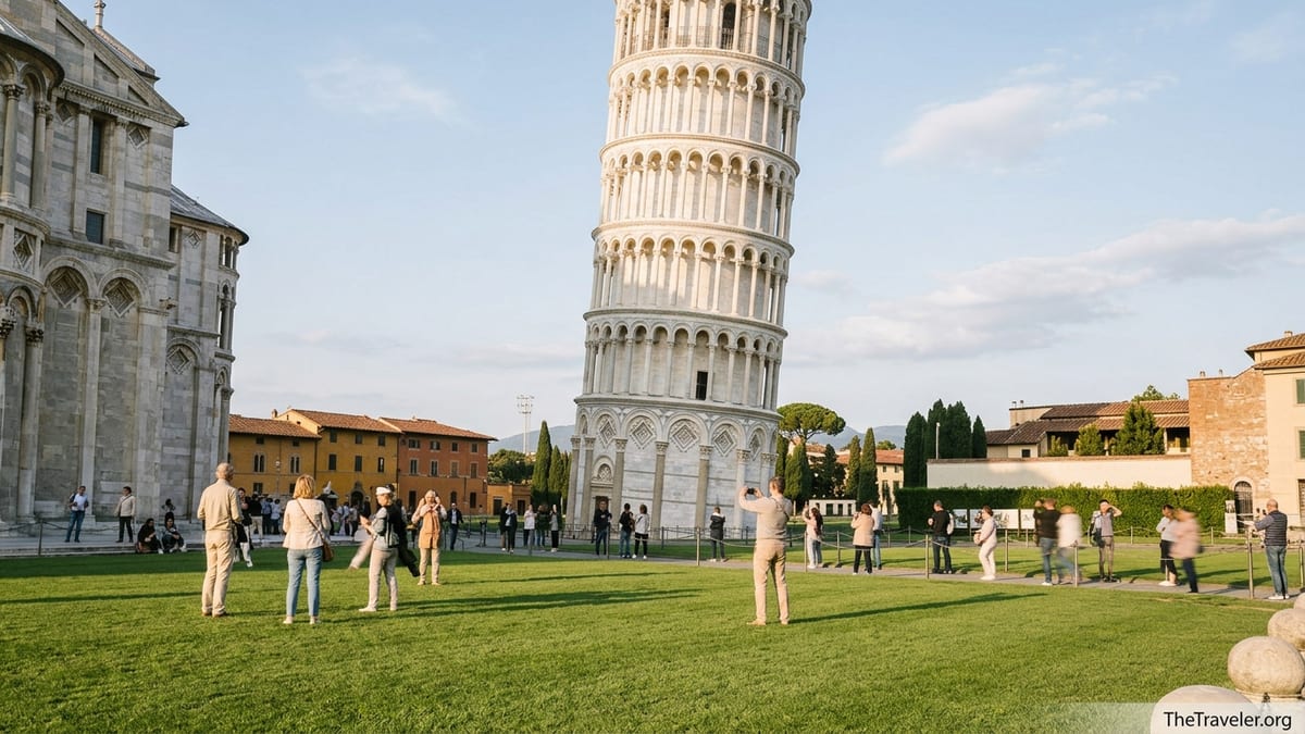 Late afternoon view of the Leaning Tower of Pisa with visitors on the lawn in Piazza dei Miracoli.
