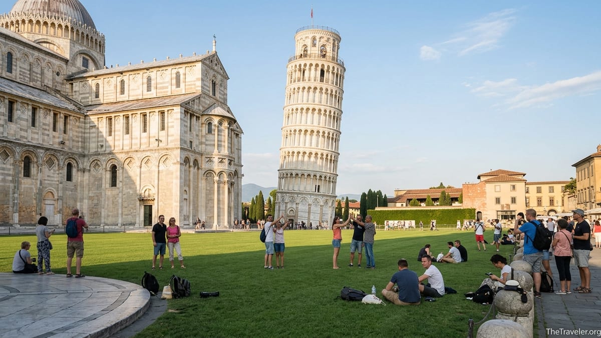 Travelers photographing and relaxing near the Leaning Tower of Pisa on a sunny afternoon.