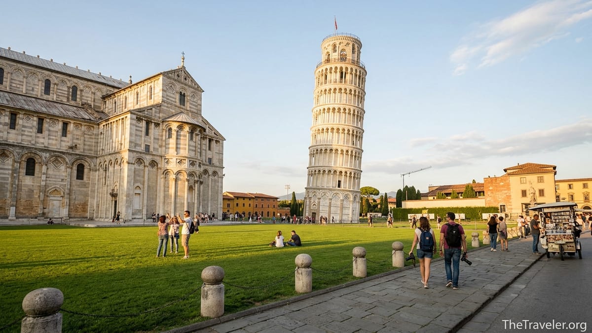 Leaning Tower of Pisa and surrounding monuments at golden hour with small groups of visitors on the lawn.