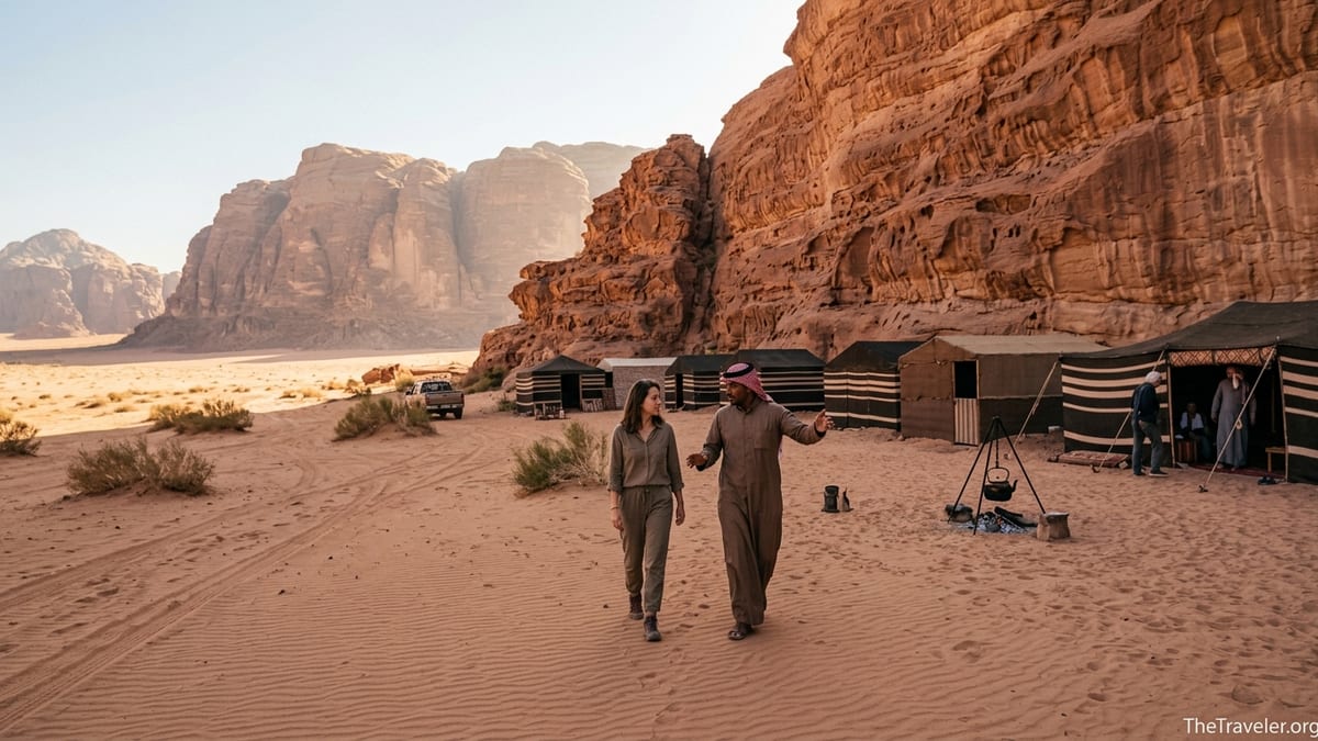 Solo traveler and Bedouin guide walking toward a desert camp in Wadi Rum at sunset.