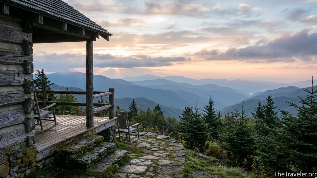 Sunrise view over misty Smoky Mountain ridges from the porch of a rustic LeConte Lodge cabin.