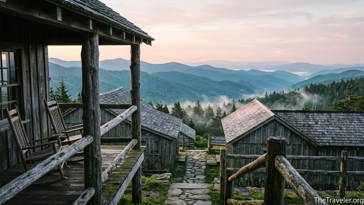 Sunrise view over misty Smoky Mountain ridges from a rustic cabin porch at LeConte Lodge.
