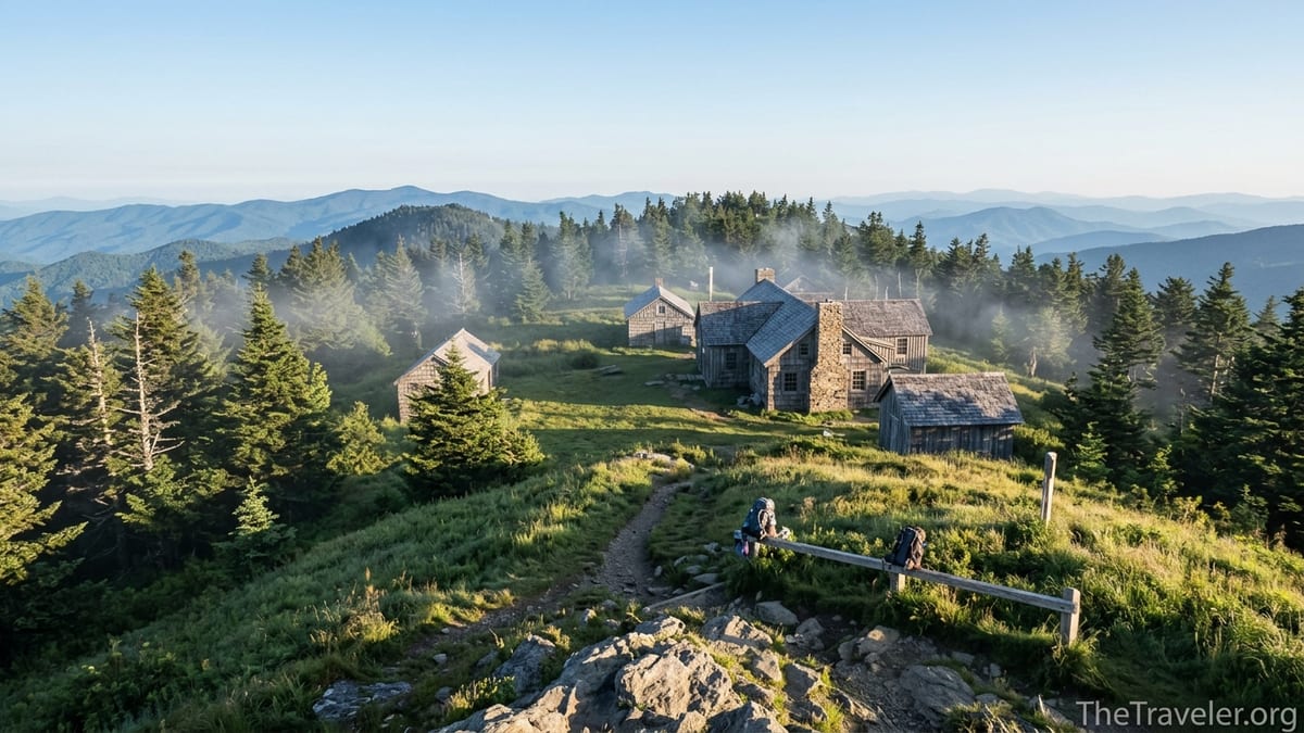 Rustic LeConte Lodge cabins on Mount LeConte ridge at sunrise above misty Smoky Mountains