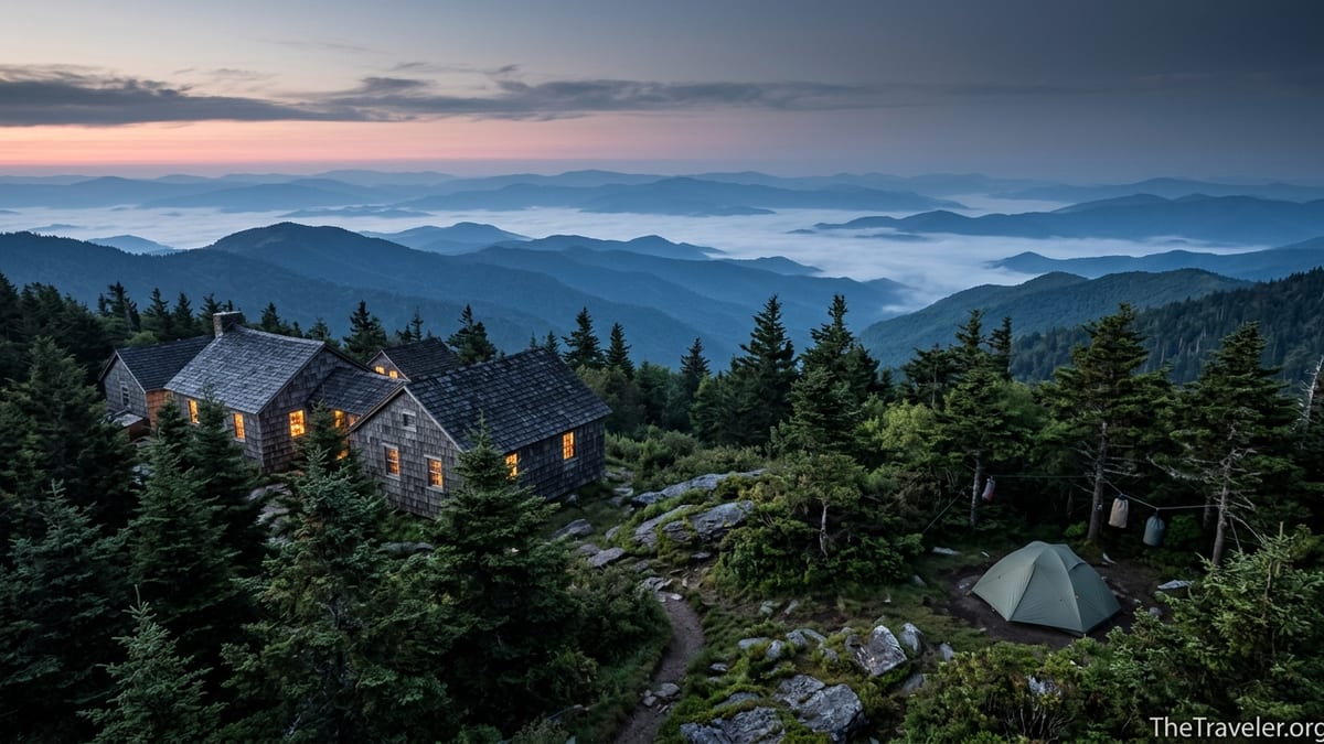 View of LeConte Lodge cabins and a nearby tent above foggy ridges in Great Smoky Mountains National Park.