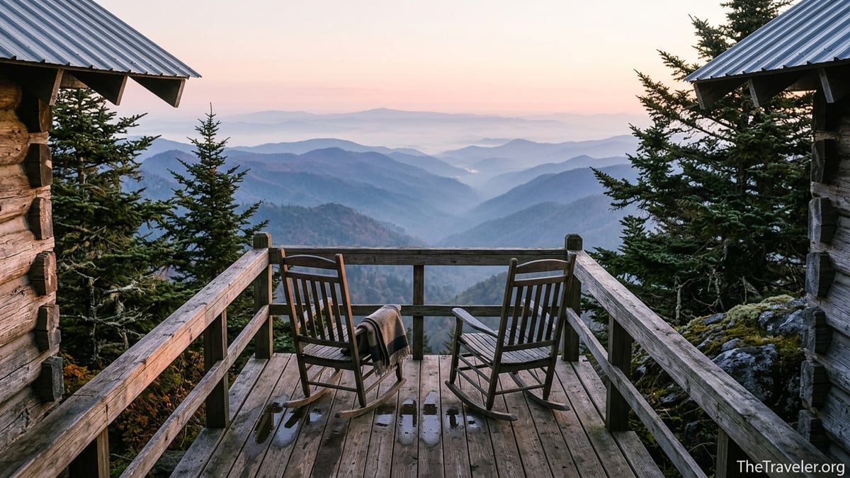 View from LeConte Lodge porch over misty Smoky Mountain ridges at sunrise.