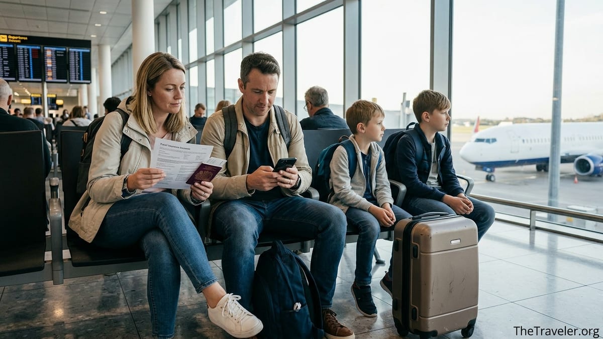 Family at airport reviewing travel insurance documents before an international trip.