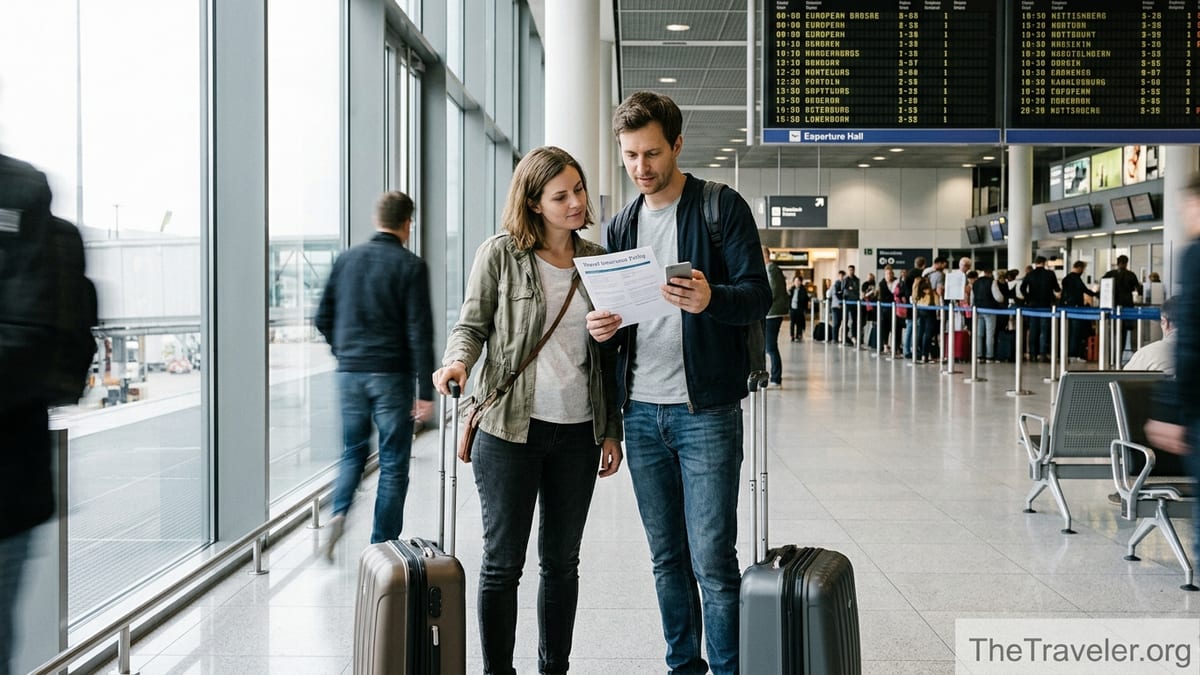 Couple at an airport checking their travel insurance documents near departure gates.