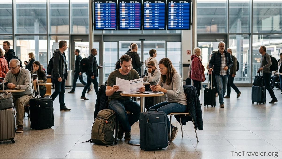 Stressed travelers in an airport reviewing travel insurance as flights are delayed.