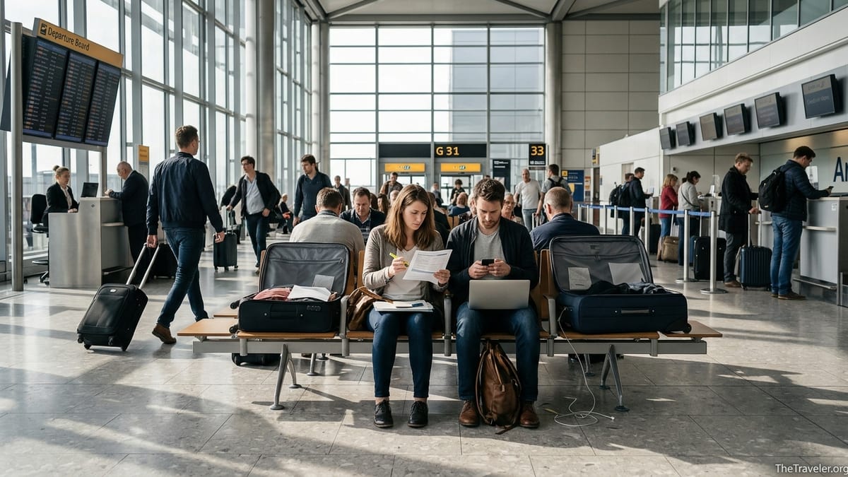 Travelers reviewing insurance documents in a busy airport departure hall.