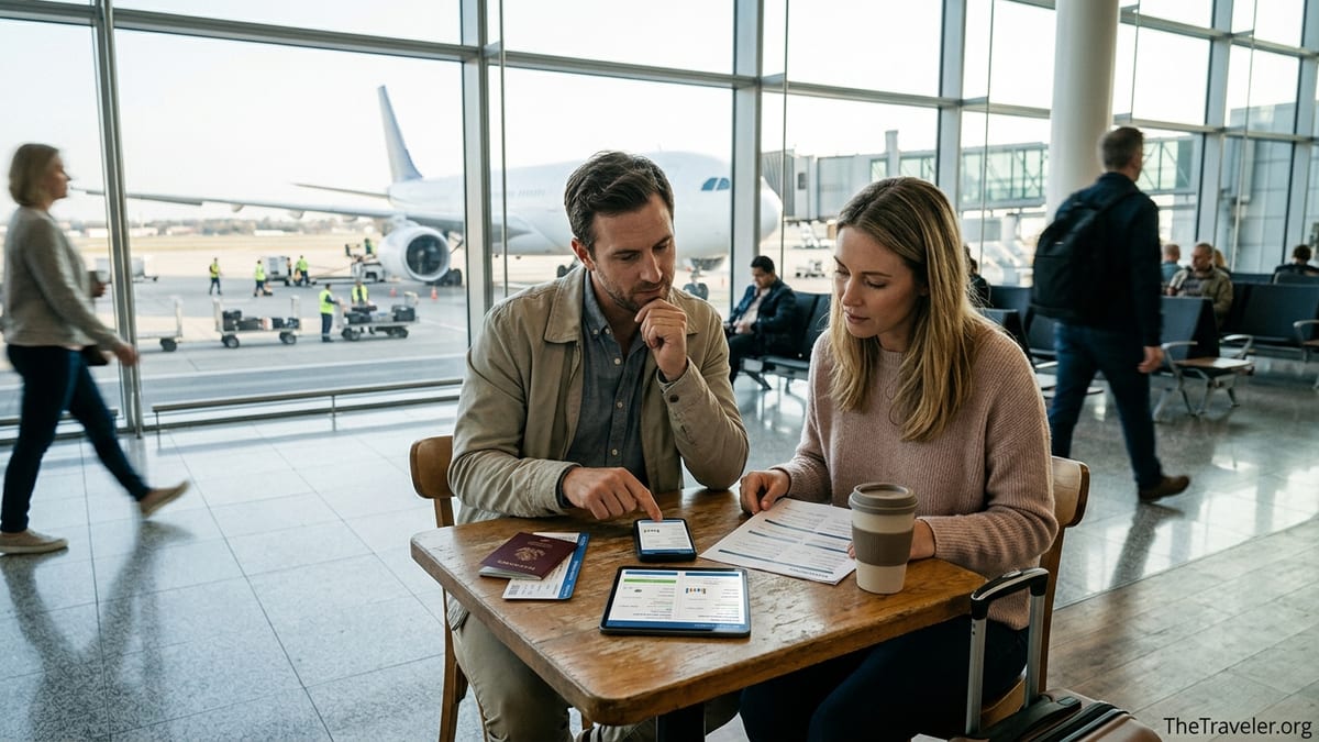 Travellers comparing travel insurance on a phone at an airport departure lounge table.