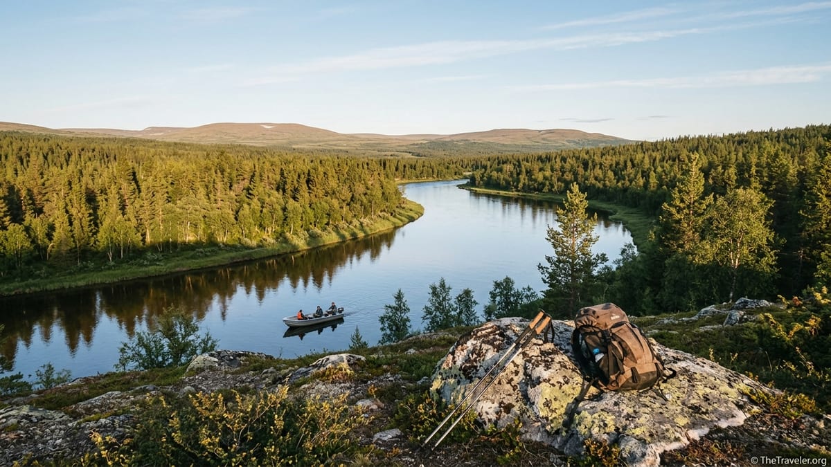 Summer view over Lemmenjoki River and forested fells with hikers’ gear in the foreground.