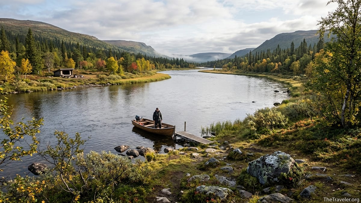 Autumn landscape of Lemmenjoki River with forested fells, small boat and wilderness hut in Finnish Lapland.