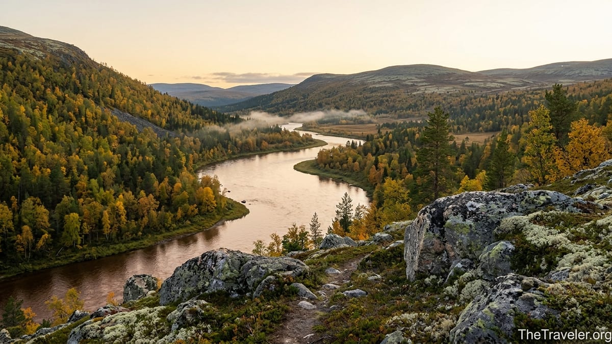 Autumn view over the Lemmenjoki River winding through forested fells in Finnish Lapland.