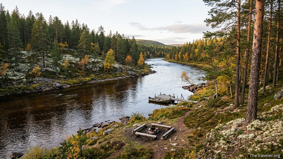 Autumn view of Lemmenjoki River with pine forested hills and a small boat at a wooden dock in Finnish Lapland.