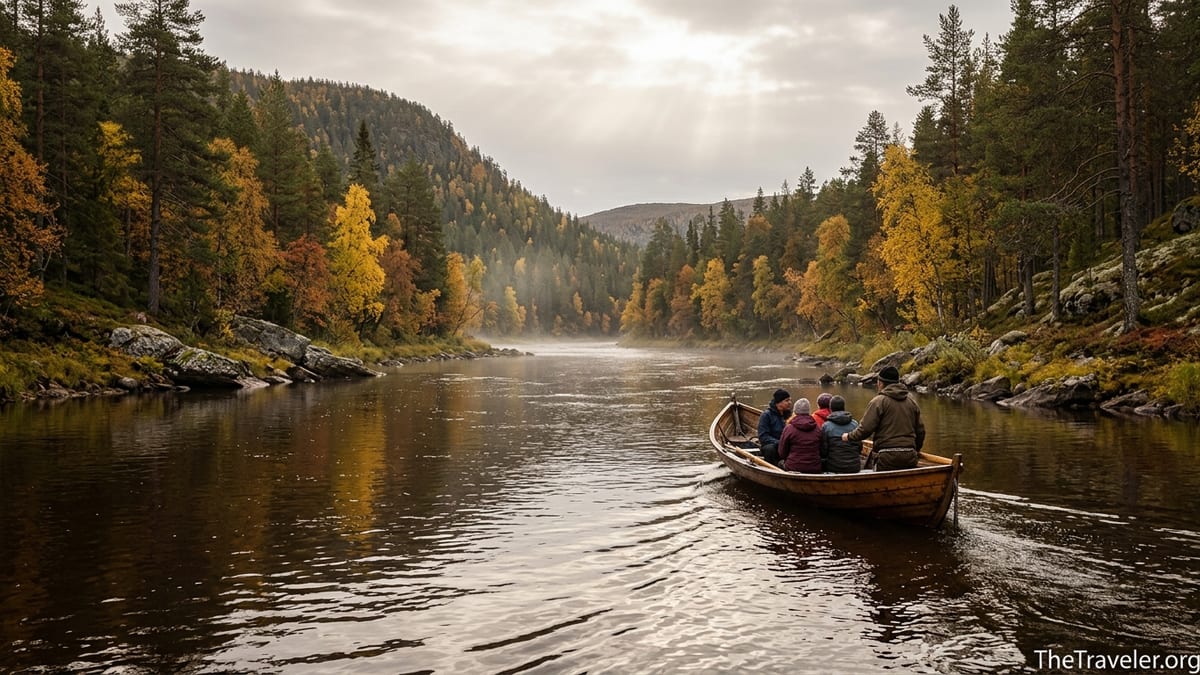 Riverboat with travelers on the Lemmenjoki River passing autumn birch and pine forest in remote Finnish Lapland.