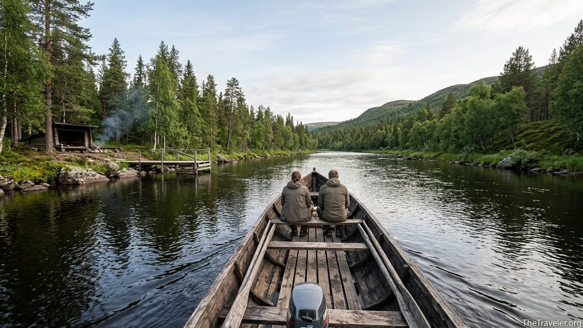 Wooden riverboat carrying visitors along the forested Lemmenjoki River in Finnish Lapland.
