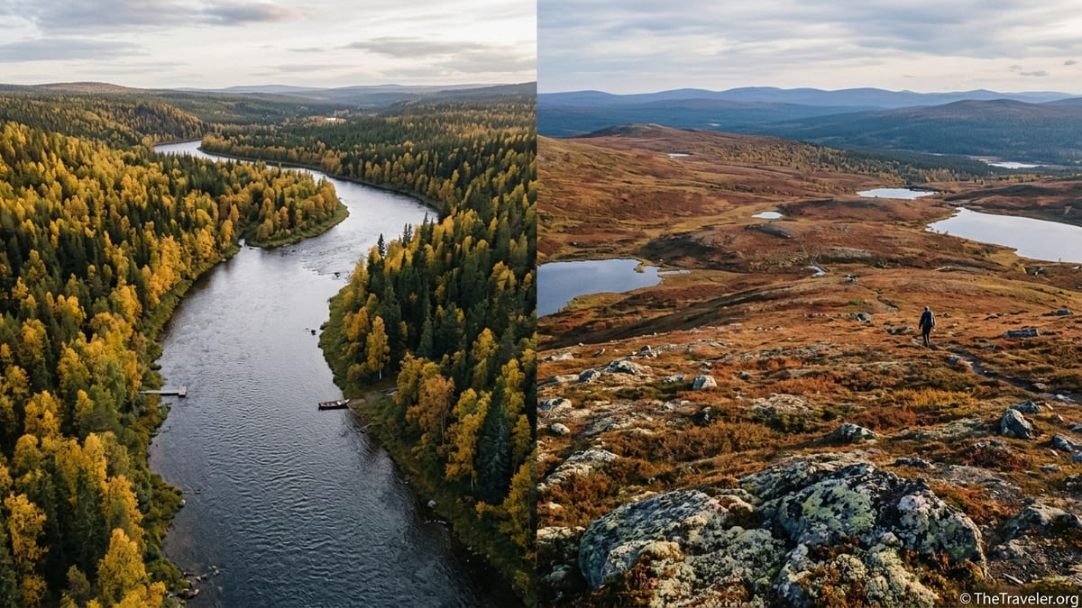 Autumn aerial view of Lemmenjoki river valley and Urho Kekkonen fells in Finnish Lapland.