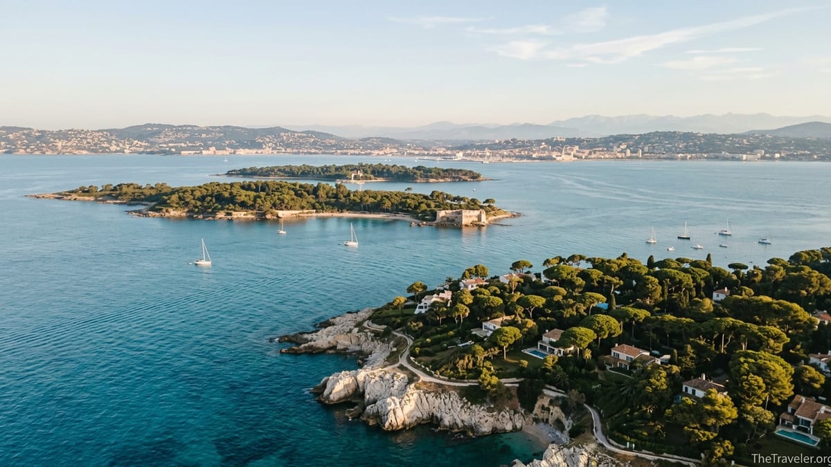 Aerial view of Lérins Islands and Cap d’Antibes framed by turquoise sea at golden hour.