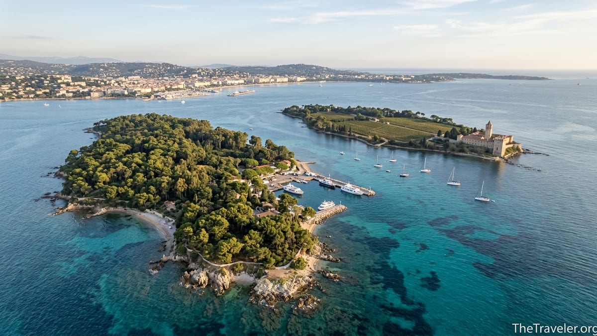 Aerial view of the Lérins Islands off Cannes with forests, vineyards, and turquoise coves.