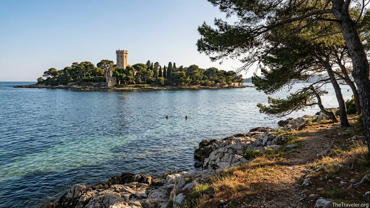 Rocky shore of Sainte-Marguerite facing Saint-Honorat’s tower across clear turquoise water.