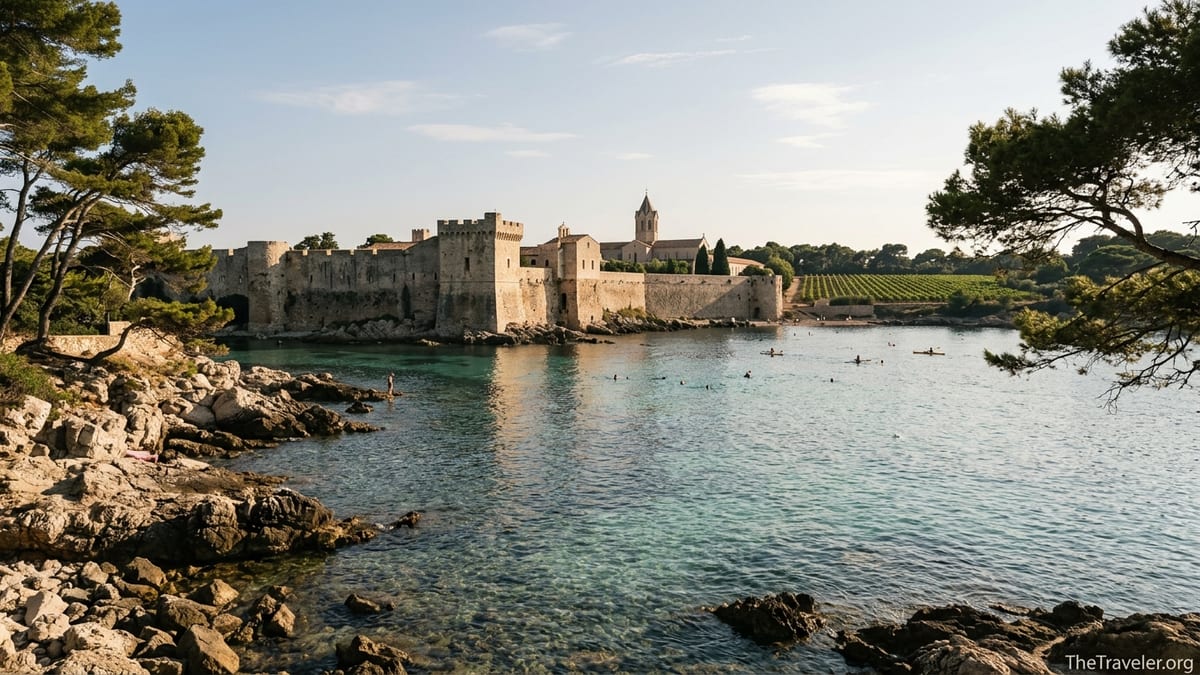 Fortified monastery on Saint-Honorat island seen across clear turquoise water on a quiet afternoon.
