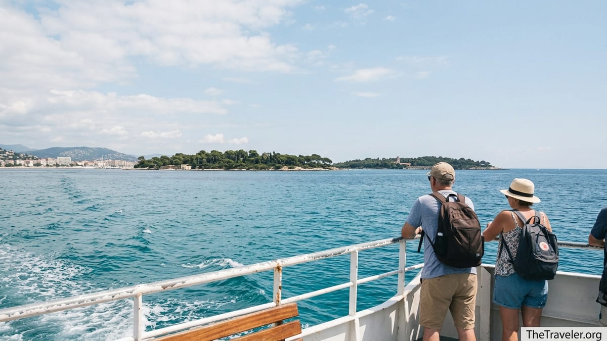 Ferry passengers looking toward the pine-covered Lérins Islands across calm turquoise water near Cannes.