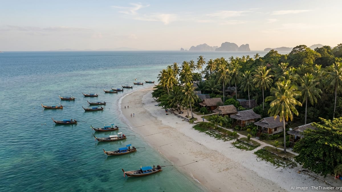 A quiet Thai island beach with turquoise water, palm trees and a few longtail boats at golden hour.