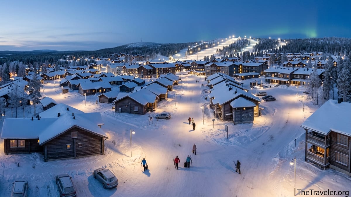 Snowy Levi village at dusk with lit cabins and ski slopes in the background.