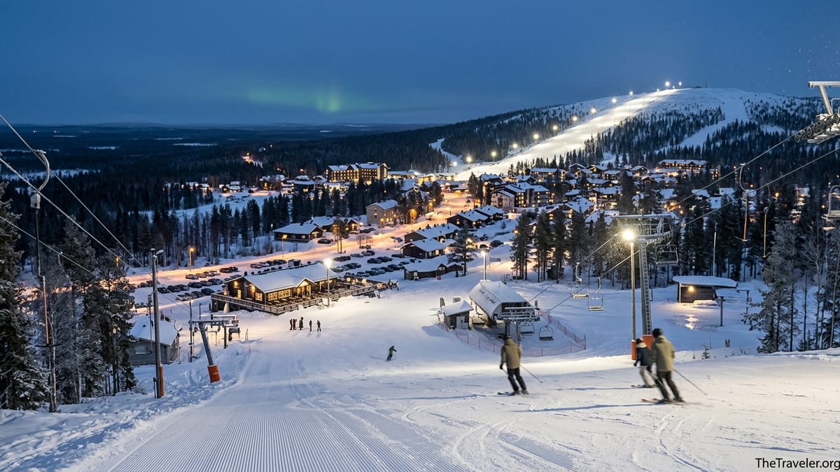 Twilight view of Levi Ski Resort village and floodlit slopes in snowy Finnish Lapland.