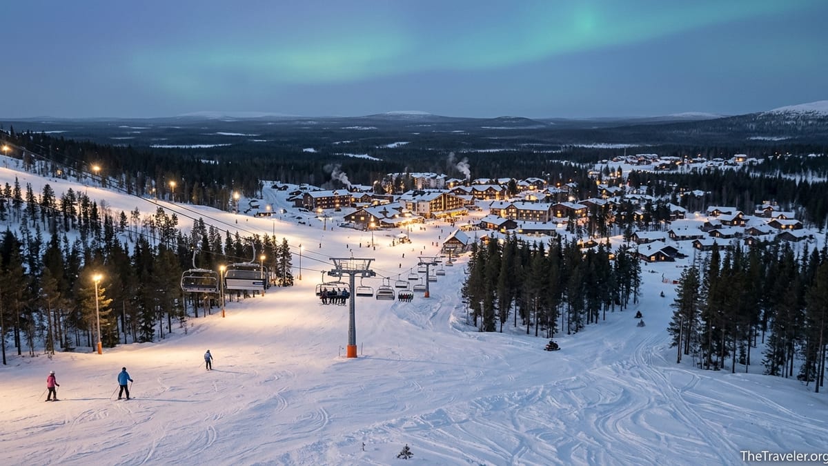 Dusk view over Levi Ski Resort with lit slopes and village in snowy Finnish Lapland.