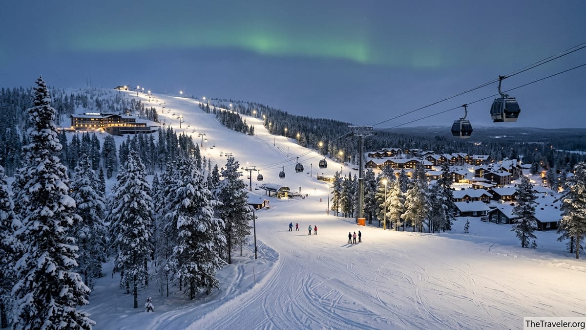 Twilight view over Levi ski resort with lit slopes, gondola and snowy forest in Finnish Lapland.