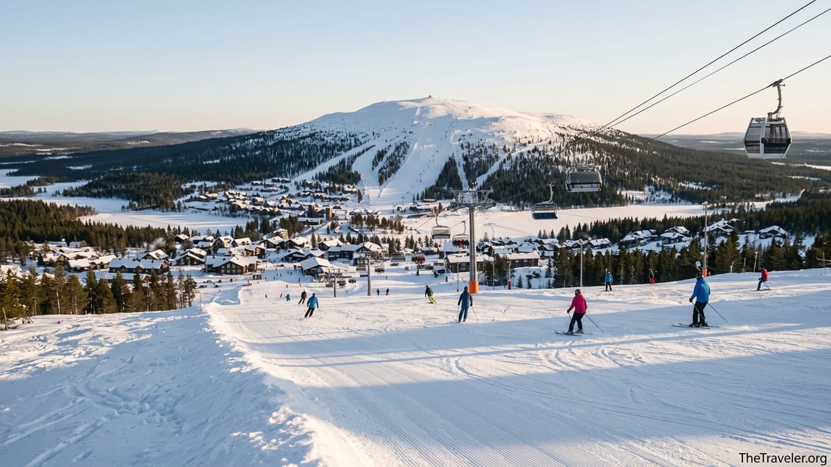 Wide winter view over Levi Ski Resort slopes and village in Finnish Lapland at golden hour.