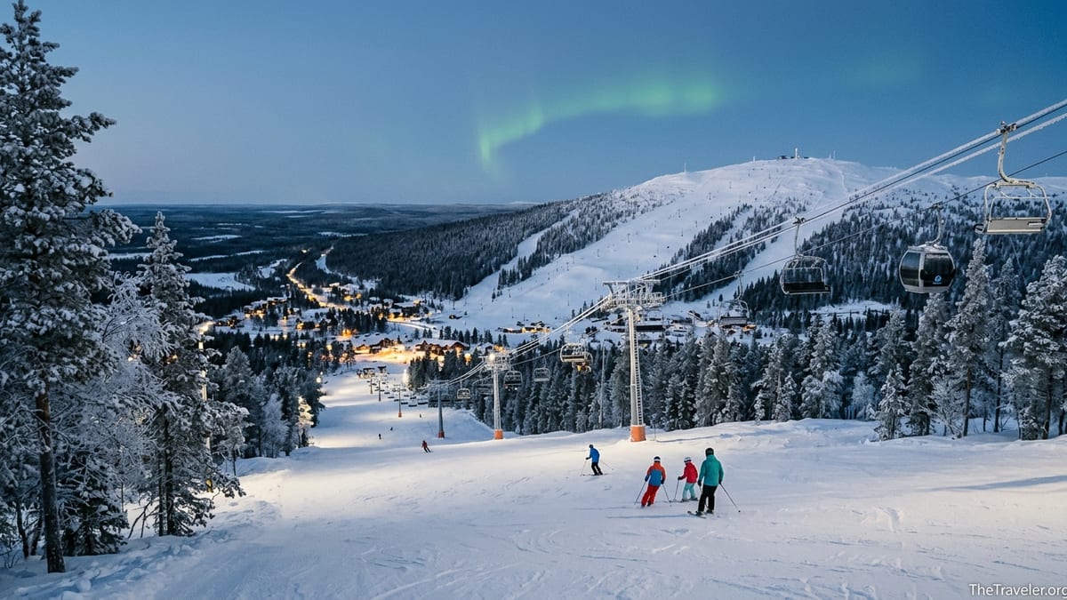 Blue hour view over Levi Ski Resort with lit slopes, village lights and a faint aurora.