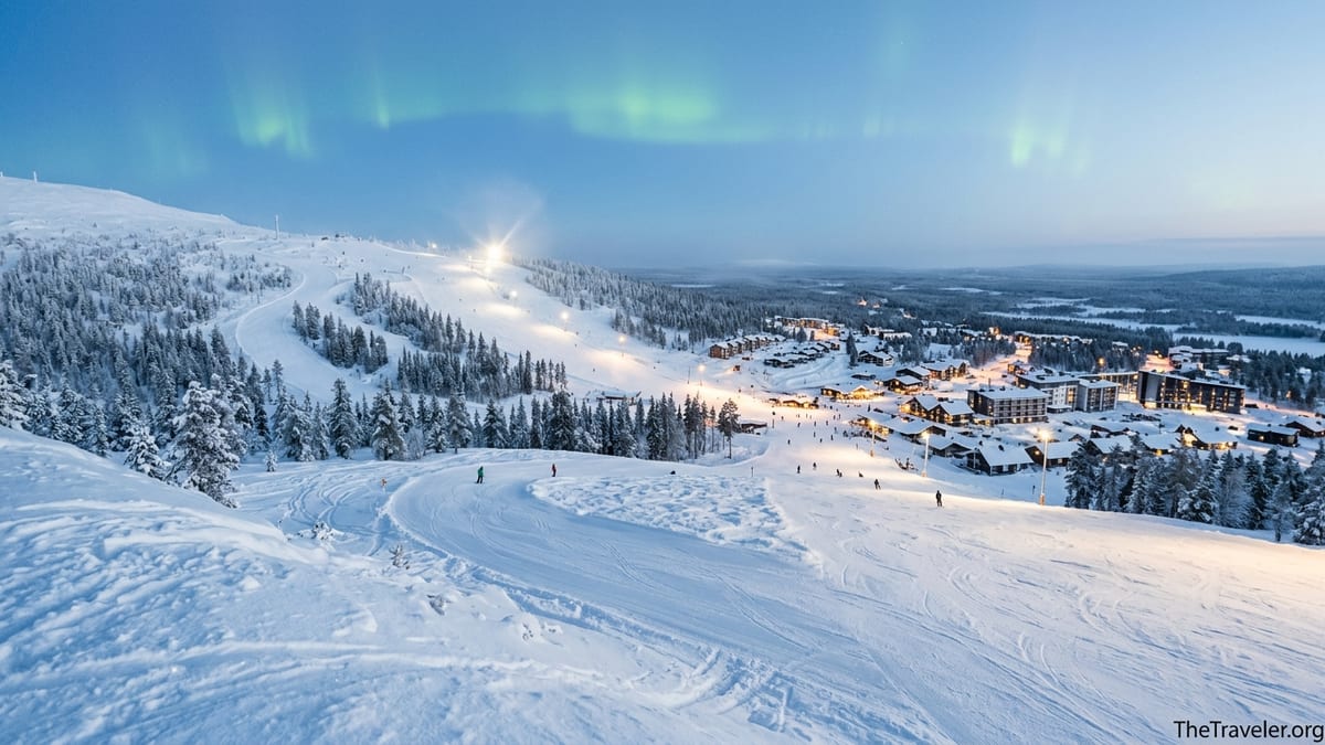Twilight view over Levi Ski Resort with lit slopes, snowy forest and village lights in Finnish Lapland.