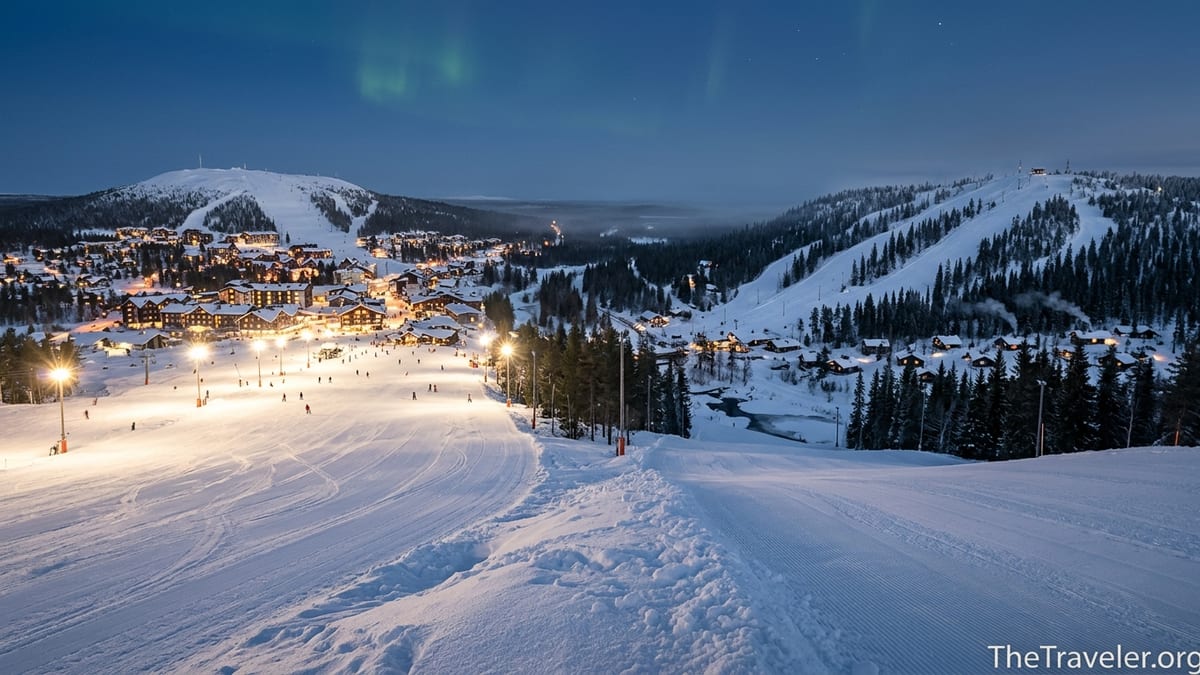 Panoramic winter view comparing Levi and Ruka ski villages under twilight in Finnish Lapland.
