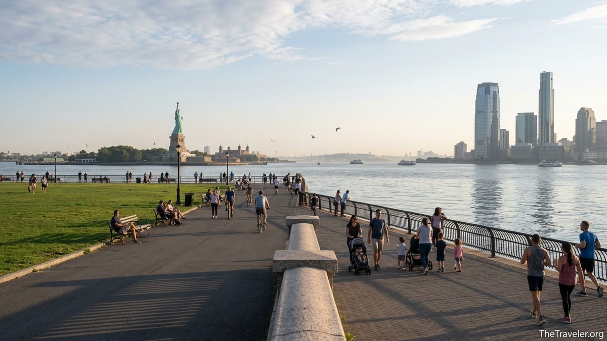 People walking along Liberty State Park promenade with views of the Statue of Liberty and Manhattan skyline at sunset.