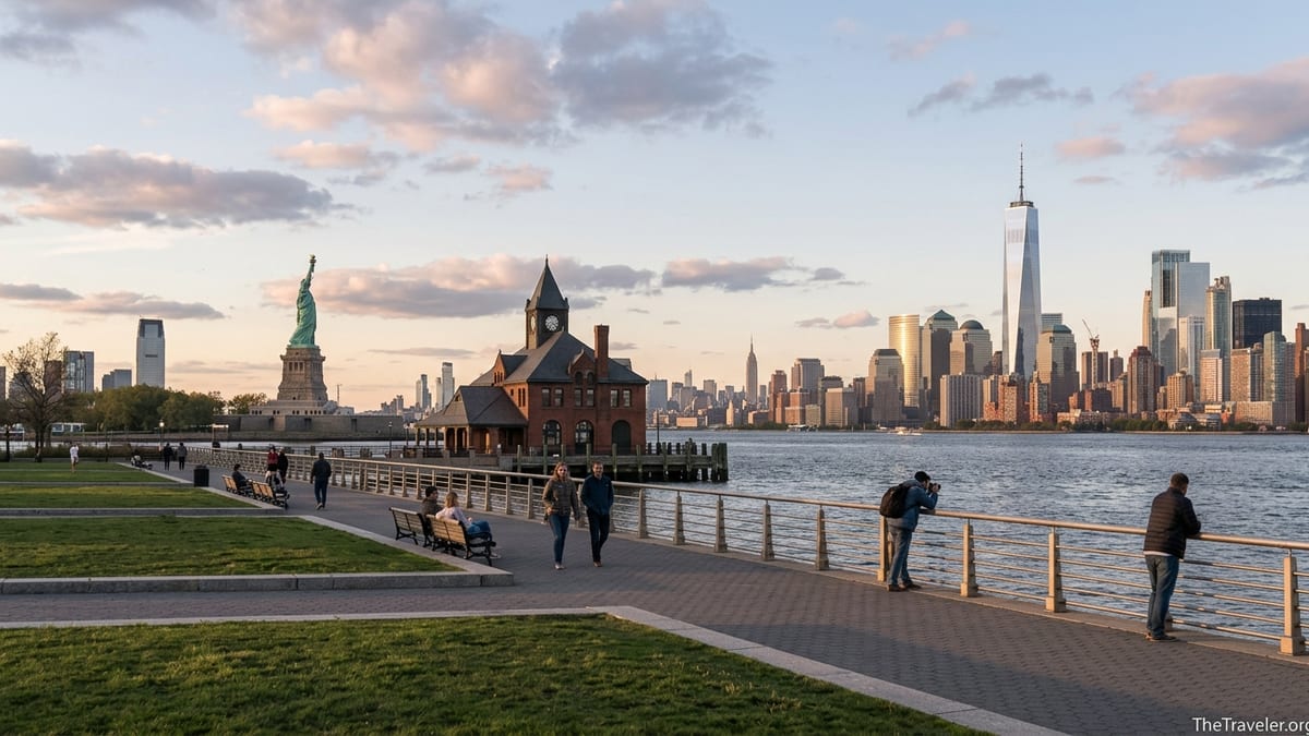 Visitors on the Liberty State Park waterfront promenade facing the Statue of Liberty and Manhattan skyline at sunset.