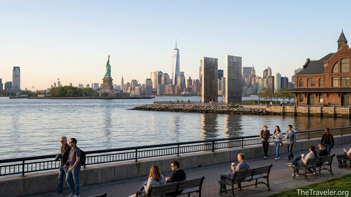 Liberty State Park promenade with visitors, Statue of Liberty and Manhattan skyline at sunset.
