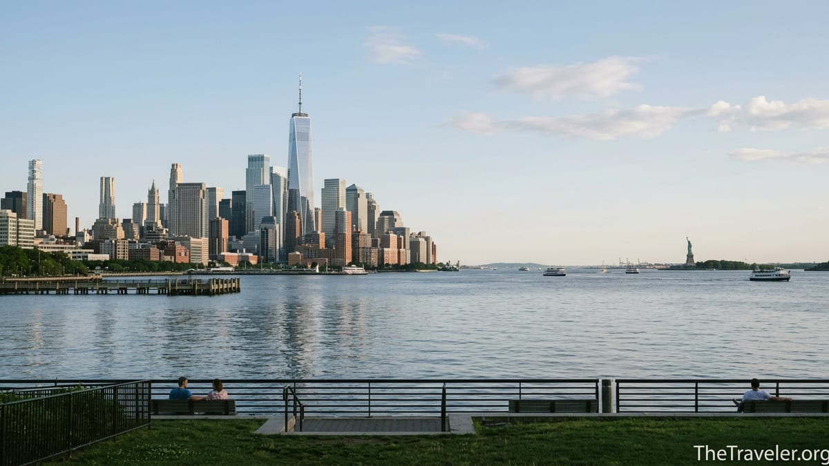 Liberty State Park waterfront with Manhattan skyline and Statue of Liberty at sunset.
