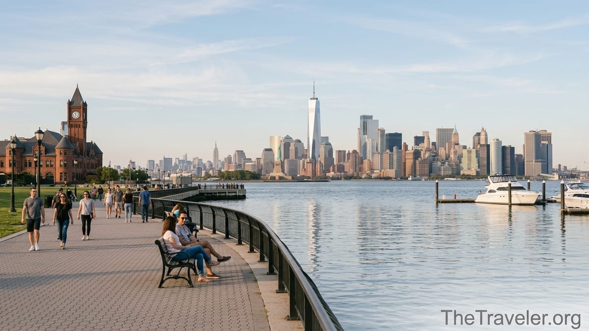 Liberty State Park promenade with historic terminal and Manhattan skyline at sunset