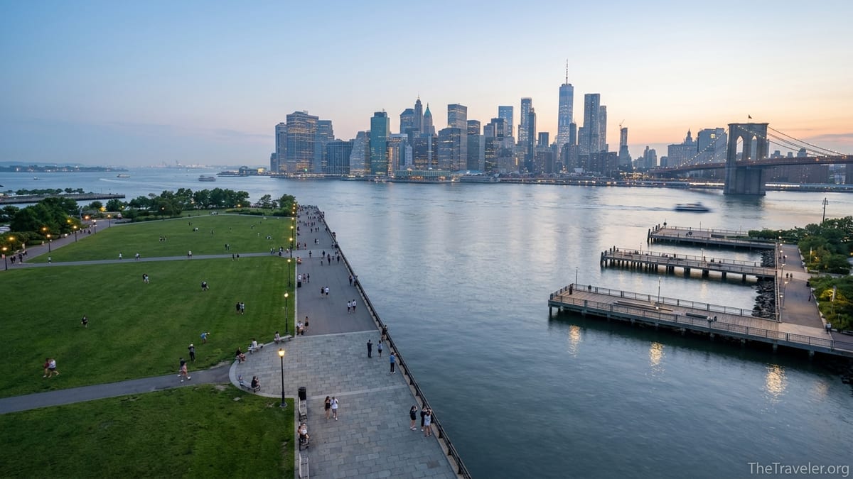 Twilight view of Liberty State Park and Brooklyn Bridge Park facing the Manhattan skyline across the water.