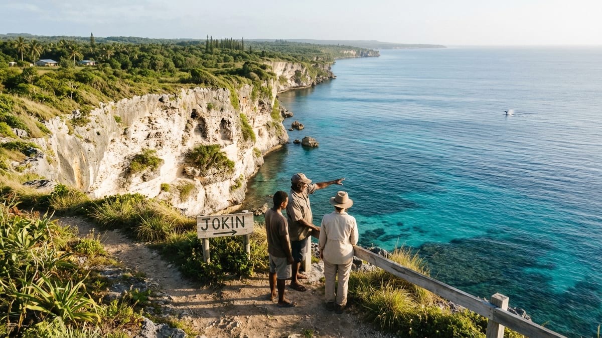 Overlooking Jokin cliffs, Lifou, New Caledonia with locals and traveler. 