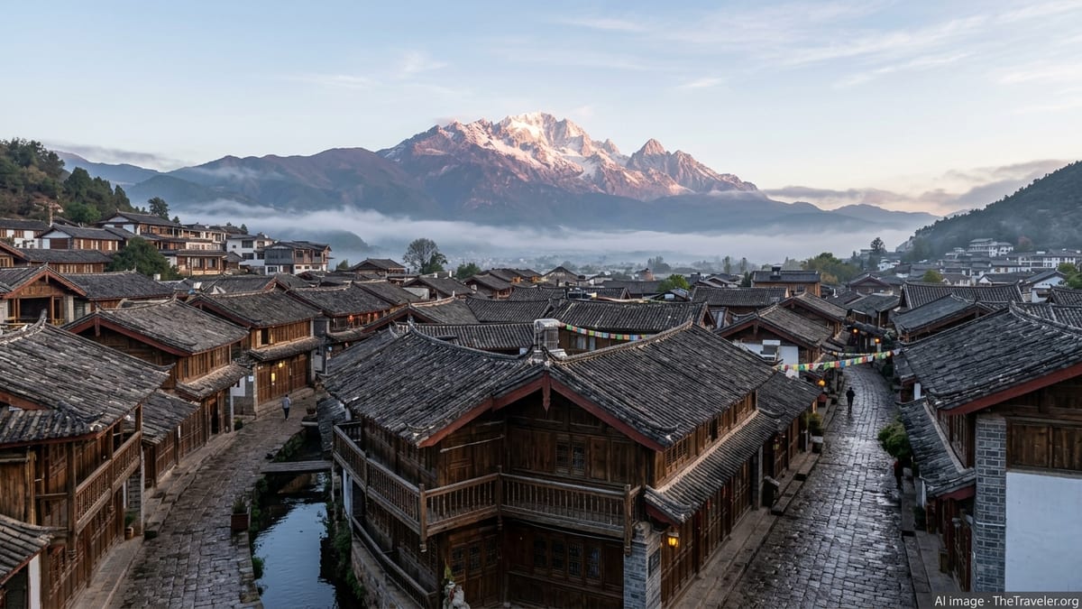 Panoramic dawn view over Lijiang old town rooftops with Jade Dragon Snow Mountain in the background.
