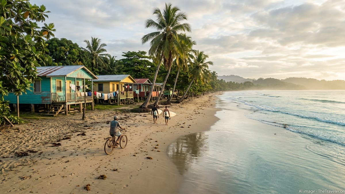 Sunrise over Limón’s Caribbean beach with palm trees, colorful houses, and locals walking along the shore.