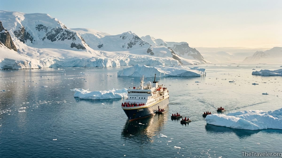 Small expedition ship among Antarctic icebergs with Zodiacs exploring nearby glaciers.