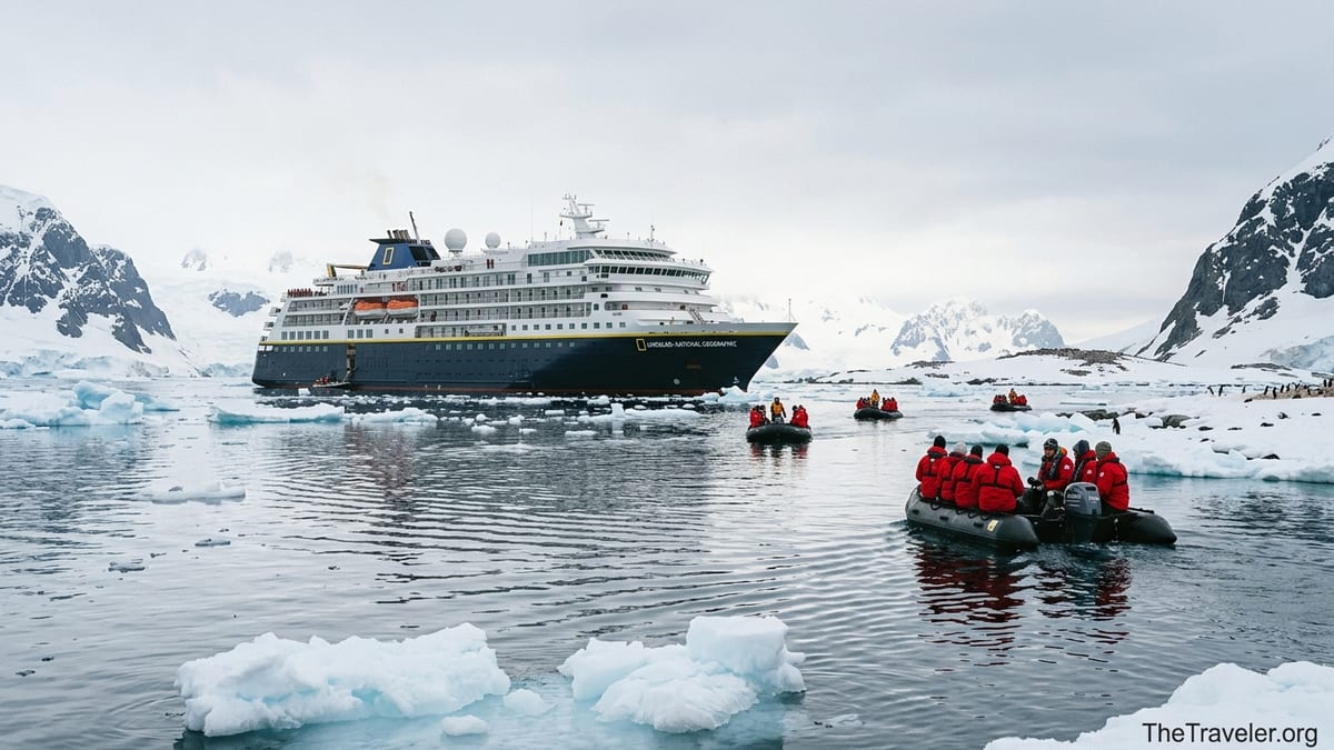 Small Lindblad–National Geographic expedition ship in icy polar bay with zodiacs and snow-covered peaks.